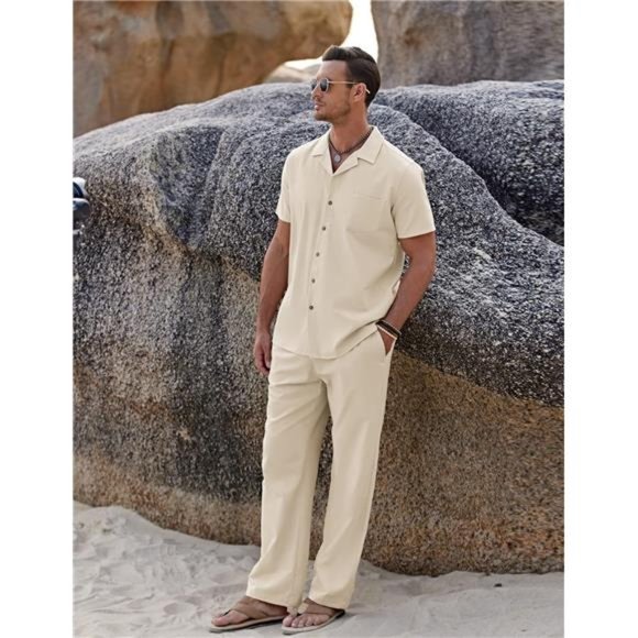 Men 2 Piece Linen Outfit Beach Button Down Shirt Casual Loose Pant Sets - Picture 4 of 6